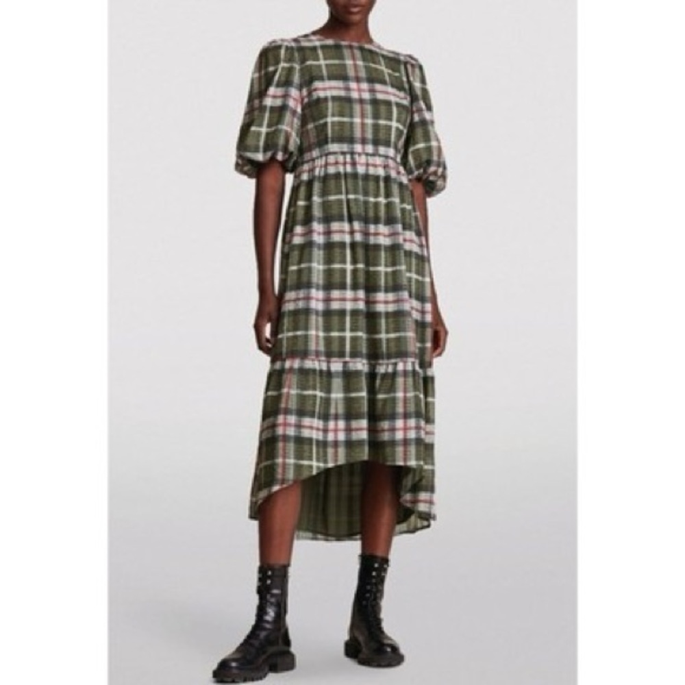 All Saints Plaid Puff Sleeve Maxi Dress